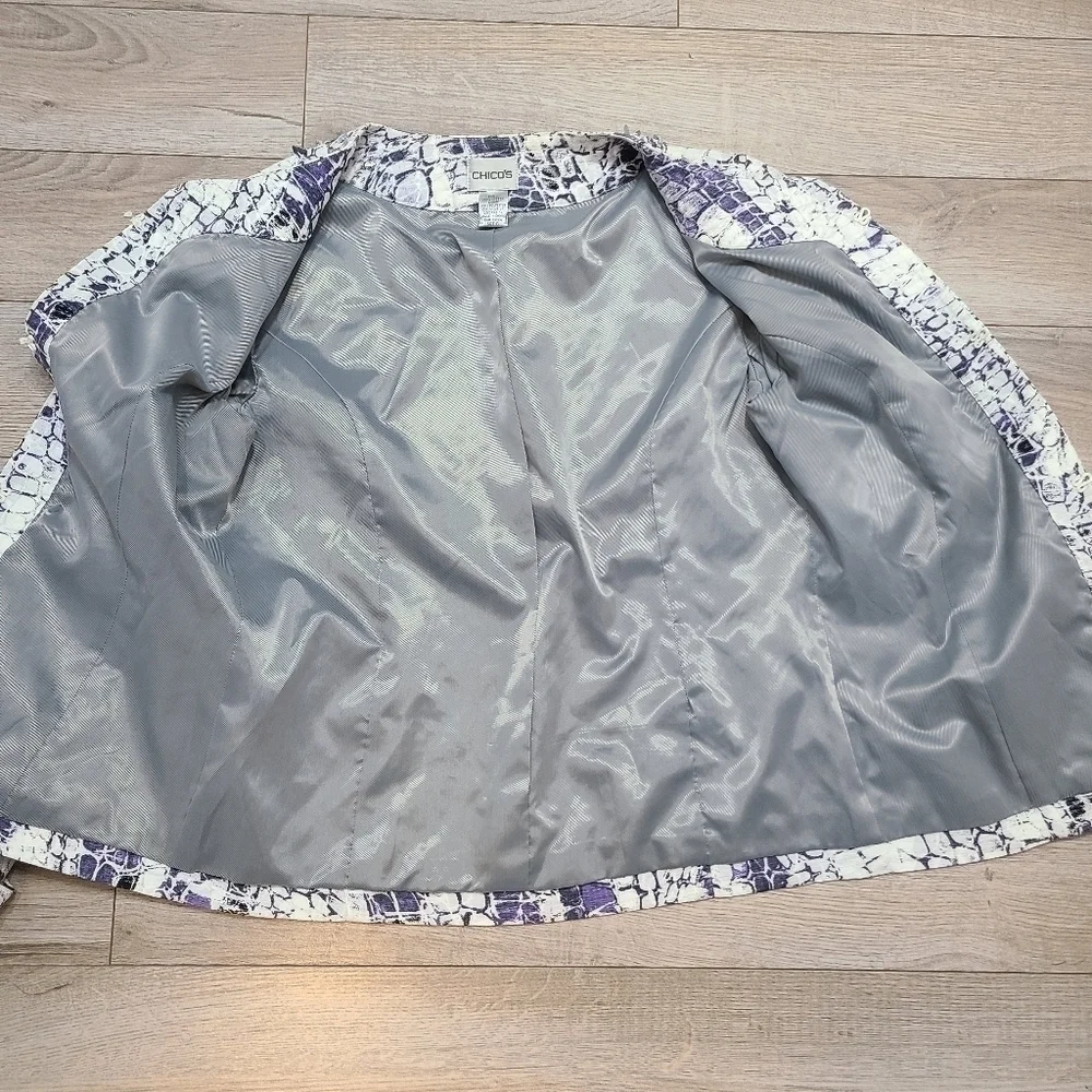 Chicos Jacket 0 Small Purple Gray Blazer Gem Embellished Snake Print Lined Women